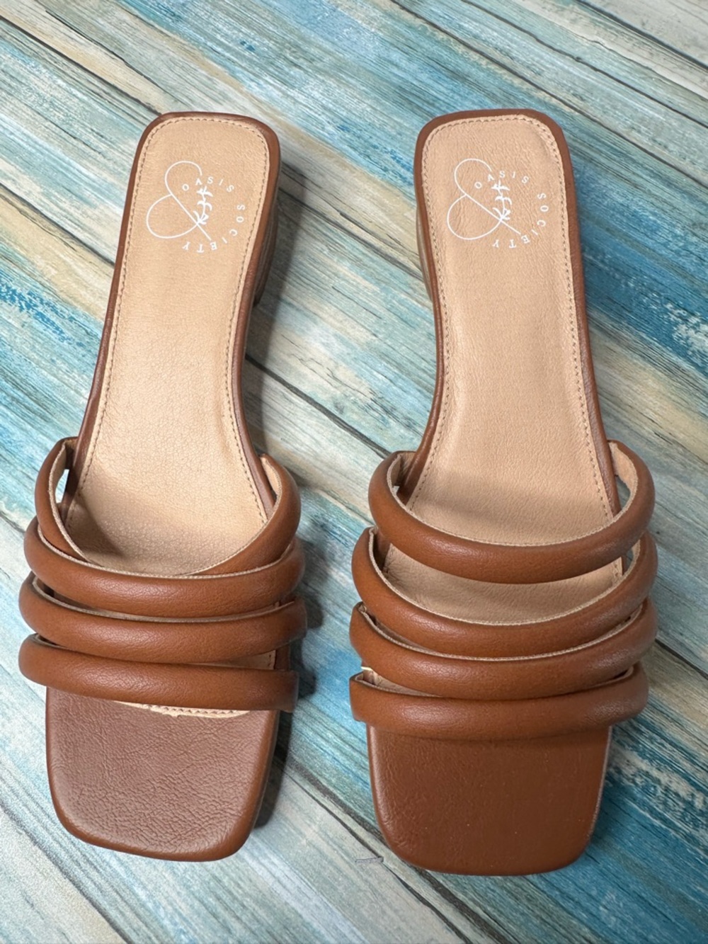 Society Tan Multi-Strap Square-Toe Slide Mules size 7.5